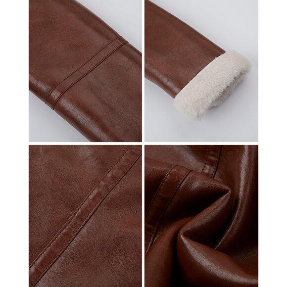 Women's Fur Leather Jacket Shearing Cropped Faux Fur Lined Moto Coat 156 Brown - Picture 5 of 5